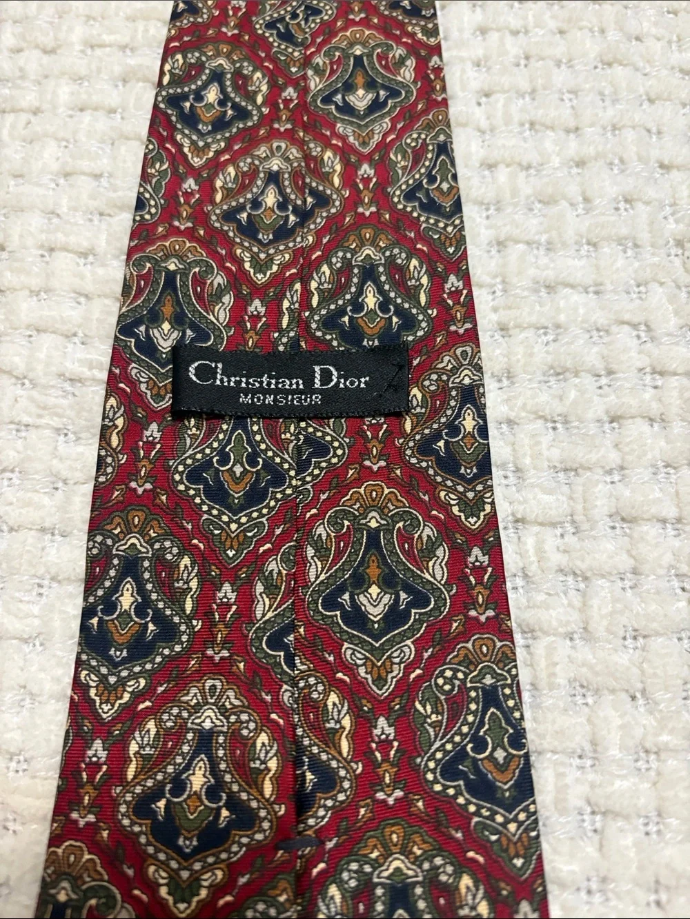 Dior Men's Burgundy Paisley Tie with Navy and Cream Accents